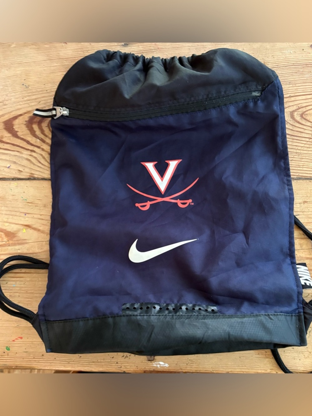 Nike Navy Drawstring Backpack with White Swoosh and Orange Cavaliers Logo